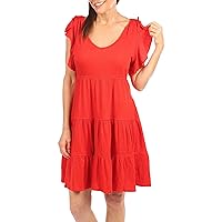 Womens Solid Textured Tiered Short Sleeve Dress X-Small Red