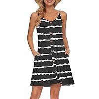 WNEEDU Women's Summer Spaghetti Strap Button Down V Neck Casual Beach Cover Up Dress with Pockets (L, Black Wavy Striped)