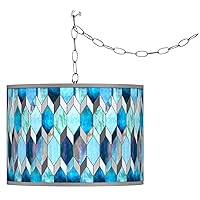 Blue Tiffany-Style Plug-in Swag Pendant with Print Shade