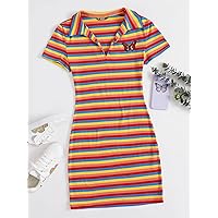 Dresses for Women - Ribbed Rainbow Striped Butterfly Embroidery Dress (Color : Multicolor, Size : Medium)