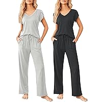 Ekouaer 2 Pack Womens Pajamas Short Sleeve Sleepwear Top with Pants Super-Soft Printed Lounge Sets S-XXL