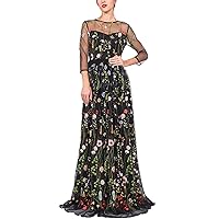Black Floral Embroidered Prom Formal Gown 2018 Long Evening Party Dress