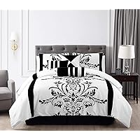 Chezmoi Collection Nobility 7-Piece Faux Silk Comforter Set King - Luxury White Black Flocked Velvet Floral All Season Bedding Comforter Set