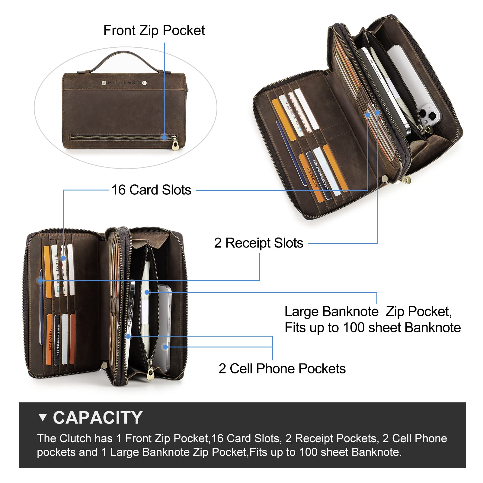 Teemzone Mens Genuine Leather Business Clutch Purse Bag RFID Blocking  Handbag Checkbook Organizer Long Wallet Card Case with Wristlets and Zipper