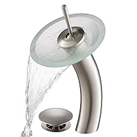 Kraus KGW-1700-PU-10SN-FR Single Lever Vessel Glass Waterfall Bathroom Faucet Satin Nickel with Frosted Glass Disk and Matching Pop Up Drain