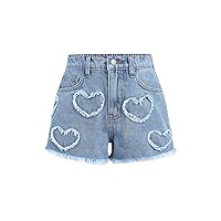 SHENHE Girl's Ripped Jean Shorts Frayed Raw Hem Heart Print Y2k Casual Denim Shorts
