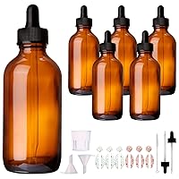 6 Pack 4oz Amber Glass Bottles with Glass Eye Droppers for Essential Oils, Perfumes & Lab Chemicals (Brush, Funnels, 2 Extra Droppers, 12 Pcs Labels & Measuring Cup Included)