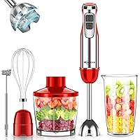 5-in-1 Hand Blender, 800W, 12 Speed, Red, Stainless Steel, Includes Blender, Chopper, Beaker, Milk Frother, and Egg Whisk