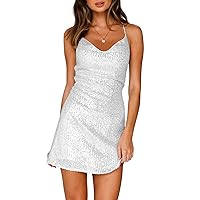 sedmoda Women Sexy Sequin Mini Dress Spaghetti Strap Bodycon Short Dresses Glitter Party Dress Club Outfits