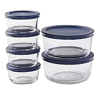 12 Piece Glass Storage Containers with Lids (6 Glass Food Storage Containers & 6 Navy Blue SnugFit Lids)