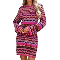 XJYIOEWT Petite Dresses for Women Wedding Guest,Women Sweater Dress Rainbow Striped Long Sleeve Loose Crochet Striped Ho