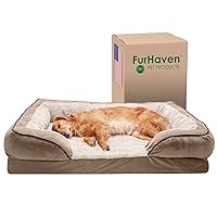 Furhaven Cooling Gel Dog Bed for Large Dogs w/ Removable Bolsters & Washable Cover, For Dogs Up to 95 lbs - Plush & Velvet Waves Perfect Comfort Sofa - Brownstone, Jumbo/XL