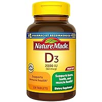 Nature Made Vitamin D3, 220 Tablets, Vitamin D 2000 IU (50 mcg) Helps Support Immune Health, Strong Bones and Teeth, & Muscle Function, 250% of Daily Value for Vitamin D in One Daily Tablet
