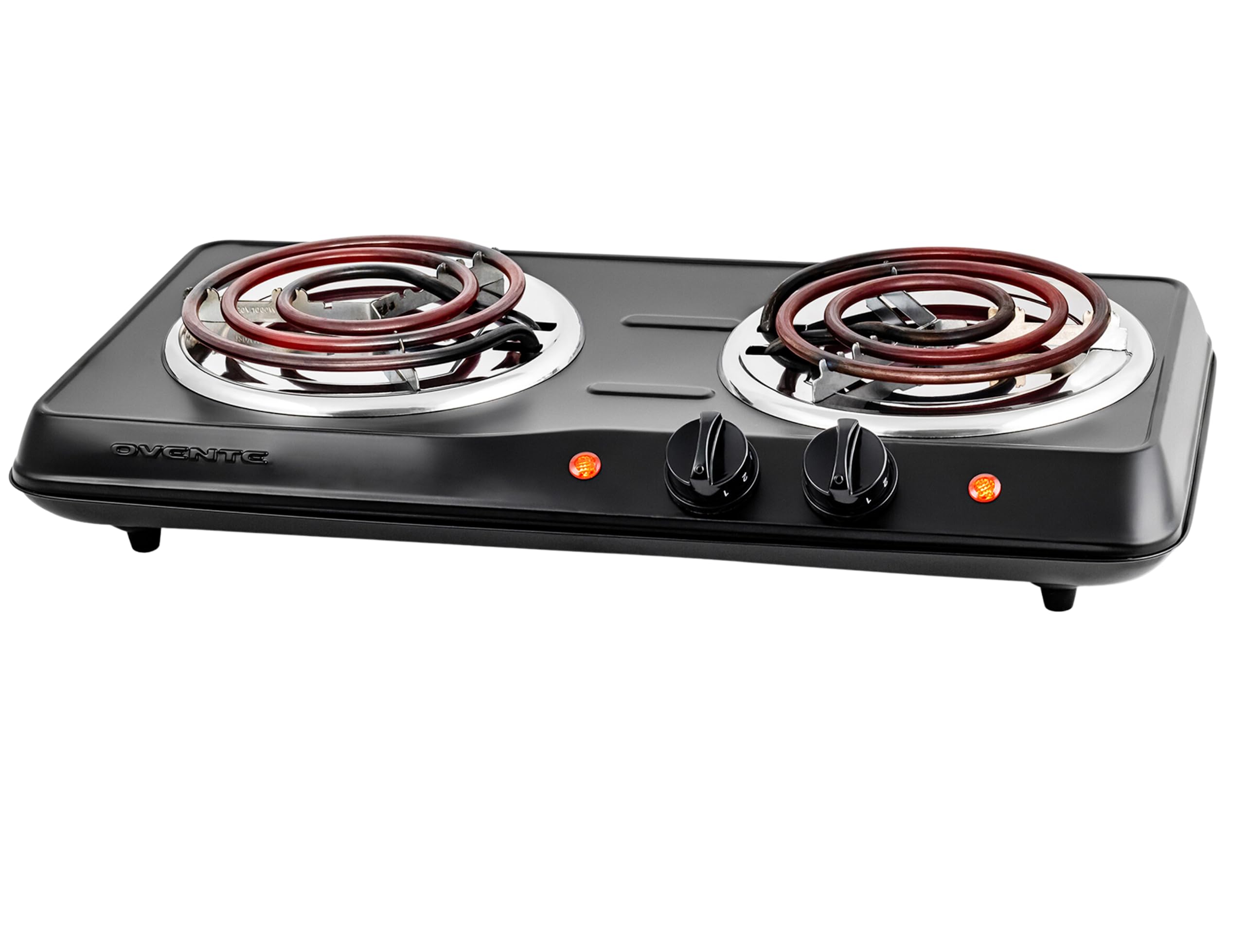 OVENTE Electric Double Coil Burner 6 & 5.75 Inch Hot Plate Cooktop with Temperature Control and Easy to Clean Stainless Steel Base, 1700W Portable Countertop Stove for Home or Dorm, Black BGC102B