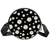 White Yellow Daisy Flower Black Crossbody Bag for Women Teen Girls Round Canvas Shoulder Bag Purse Tote Handbag Bag