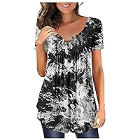Women's Fashion Short Sleeve Tie Dye Stripe V Neck Short Sleeve Pullover Tops Casual Tunic Printed Holiday T Shirts