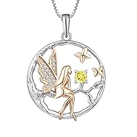 FJ Guardian Angel Pendant Necklace 925 Sterling Silver Tree of Life Necklace Butterfly Fairy Necklace with Birthstone Cubic Zirconia Jewellery Gifts for Women Girls