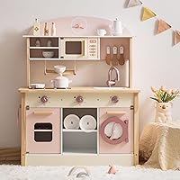 Wooden Play Kitchen Set, Kids & Toddlers Kitchen Playset with Washing Machine, Toy Kitchen Set for Girls and Boys Ages 3+ (Pink)