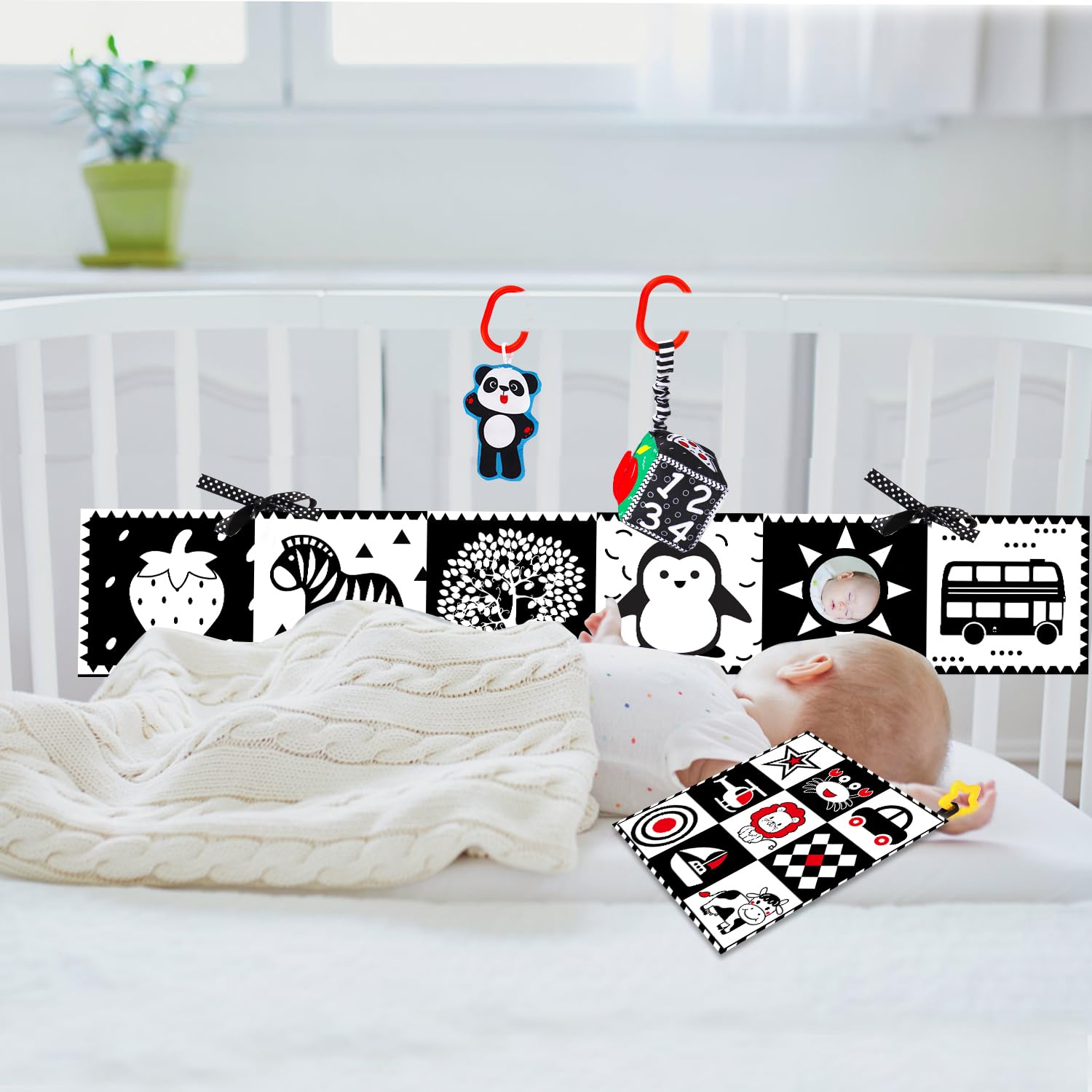 4 PCS Black and White High Contrast Baby Toys 0-3-6 Months Newborn Essential Montessori Toys for Babies Crinkle Sensory Book for Brain Development Tummy Time Mirror Infant Carseat Rattle 9 Month Gift