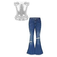 Kids Girls Clothes Sequins Flutter Sleeve Dance Shirt Top with Flare Leg Jeans Pants Set 2Pcs Summer Outfits