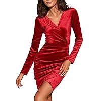 Women's New Years Eve Dress Sexy Slim V Neck High Waist Pleated Hip Cover Long Sleeve Dress Formal, S-2XL