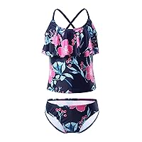 CHICTRY Girls Tropical Flower Pirnted Ruffles Tank Top with Bottoms 2 Pcs Beach Tankini Swimsuit