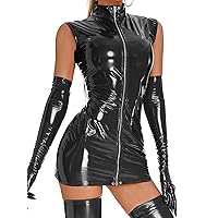 ACSUSS Womens Fashion Zipper Sleeveless Dress Stand Collar Patent Leather Bodycon Dresses Clubwear