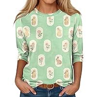 Easter Shirts for Women,3/4 Length Sleeve Womens Tops Bunny Eggs Print Graphic Crew Neck Shirt Spring Tops for Women 2024