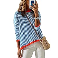 Womens Lightweight Cotton Sweaters Long Sleeve Crew Neck Color Block Striped Knitted Pullover Tops