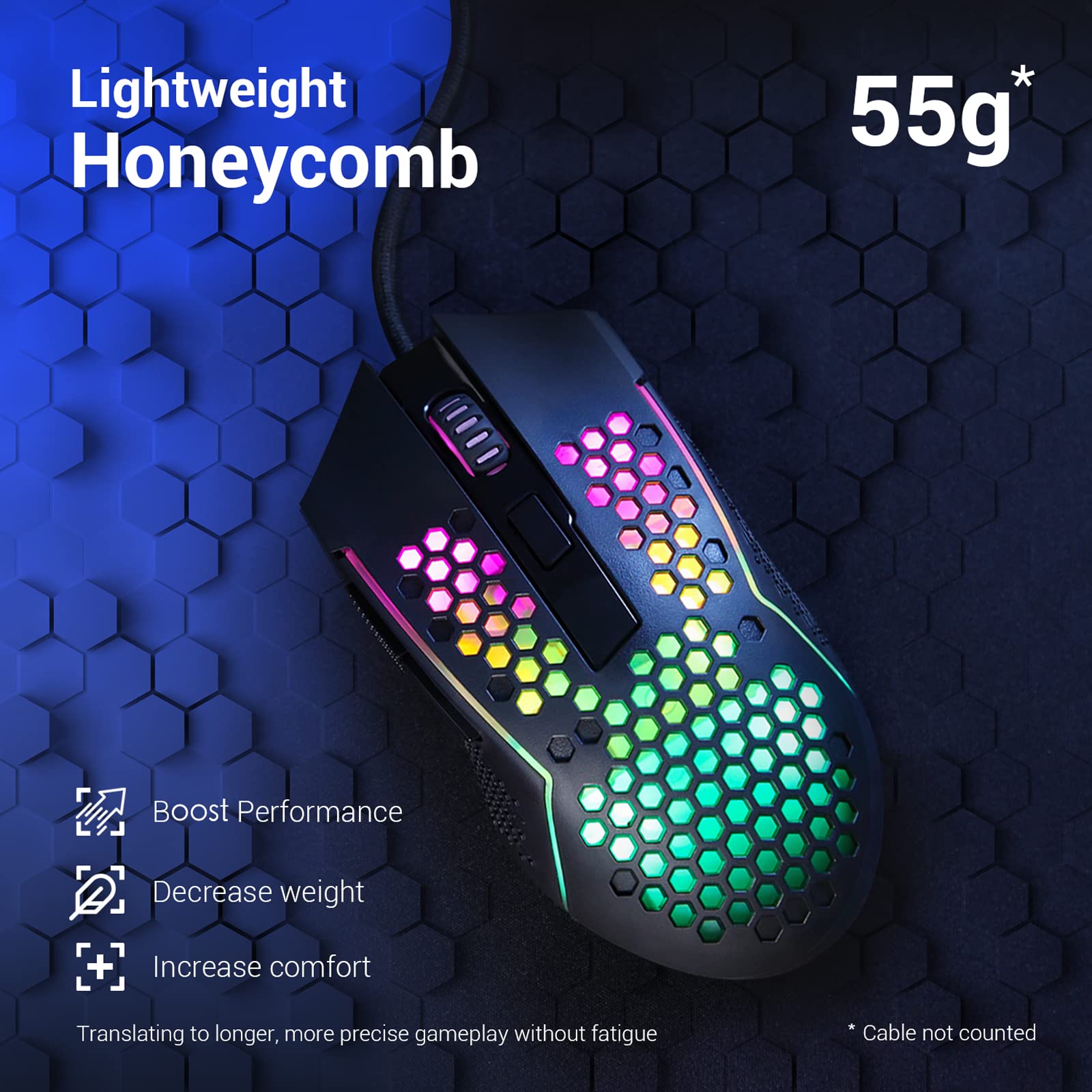 Redragon M987 Wired Ultra-Lightweight Gaming Mouse 55 g Honeycomb RGB Backlit 6 Buttons Programmable with 12400 DPI for Windows PC Computer