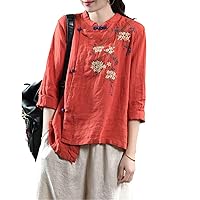 Spring Arts Style Women Vintage Button Stand Collar Loose Shirts Cotton Linen Embroidery Blouse Femme Blusas Tops