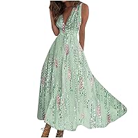 Summer Dresses for Women 2024 Swing A Line Floral Fashion Outdoor Dress Sleeveless V Neck Long Maxi Dress