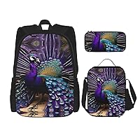 Purple Peacock Print 3 In 1 Set With Lunch Box Pencil Bag Casual Backpack Set For Gym Beach Travel