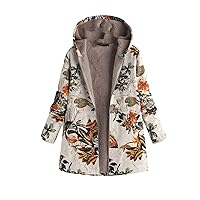 Andongnywell Women Winter Warm Outwear Print Hooded Pockets Vintage Oversize Coats Casual Floral Print Zip Jacket