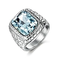 MASOP Anti Allergy 316L Stainless Steel Ring Man Synthetic Aquamarine Crystal Engagement Wedding Jewelry