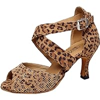 Women Dance Shoes Rhinestone Latin Dance Shoes Salsa Cha-cha Heel Soft Glitter Party Pumps Leopard Print