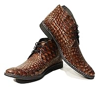 PeppeShoes Modello Umberto - Handmade Italian Mens Color Brown Ankle Chukka Boots - Cowhide Embossed Leather - Lace-Up