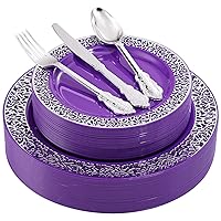 U-QE 150PCS Purple Silver Plastic Plates with Silver Silverware for 30 Guests Include 30 Dinner Plates 10.25
