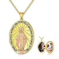 Personalized 10K 14K 18K Gold Oval Blessed Virgin Mary Locket That Holds Pictures Christian The Mother of Jesus Locket Necklace with Silver Chain Gift for Prayers Men Women