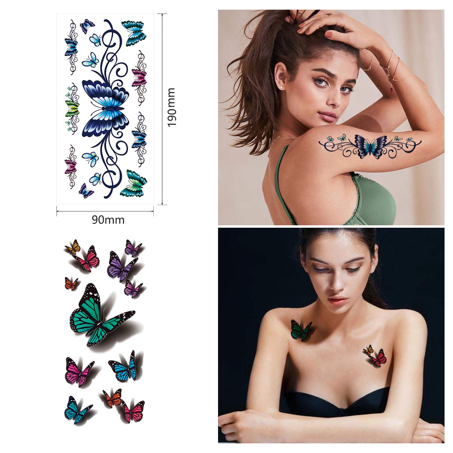 42 Sheets Flowers Temporary Tattoos Stickers, Roses, Butterflies and Multi-Colored Mixed Style Body Art Temporary Tattoos for Women, Girls or Kids
