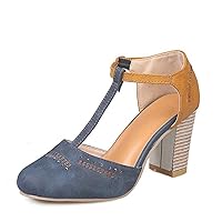 Women's Almond Toe Pump Shoes Retro T-Strap Chunky Stacked High Heels Two Tone Office Dress Pumps