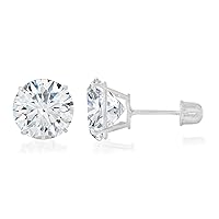 14K Yellow OR White Solid Gold Round Solitaire Cubic Zirconia CZ Stud Earrings Pair in Screw Back - Various Sizes
