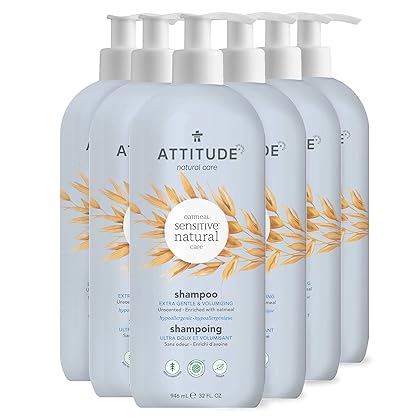 ATTITUDE Volume and Shine Hair Shampoo for Sensitive Dry Scalp, EWG Verified, Soothing Oat, For Thin Hair, Naturally Dervied Ingredients, Vegan and Plant-Based, Unscented, 32 Fl Oz (Pack of 6)