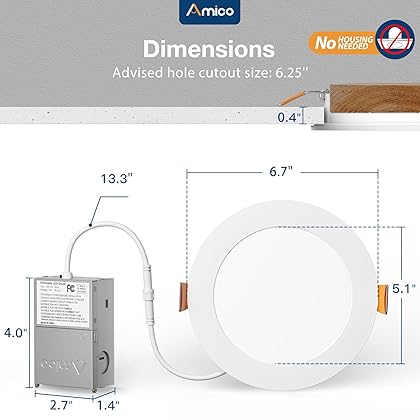 Amico 12 Pack 6 Inch 5CCT Ultra-Thin LED Recessed Ceiling Light with Junction Box, 1050LM Brightness, Dimmable Canless Wafer Downlight, 12W, ETL&FCC