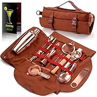 Travel Bartender Kit with Bag | 17-Piece Copper Bar Tool Set & Portable Bar Bag with Shoulder Strap for Easy Carry and Storage | Best Rose Gold Travel Bar Set for Cocktail Making