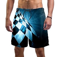 Black White Plaid Racing Track Quick Dry Swim Trunks Men's Swimwear Bathing Suit Mesh Lining Board Shorts with Pocket, L