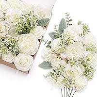 Ling's Moment White Flowers Artificial, Ivory Fake Flowers and Greenery Combo for DIY Wedding Bridal Bouquet, Corsage, Boutonniere, Centerpieces, Floral Arrangement Decor, etc.