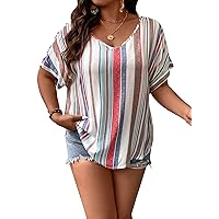 SOLY HUX Women's Plus Size Striped V Neck Short Sleeve Summer Blouse Tops
