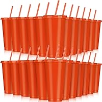 24 Pcs 24 oz Plastic Cups with Lids and Straws Christmas Plastic Tumblers Drinking Cups Reusable Tumbler Water Iced Coffee Mug for Adults Kids Party Birthday (Orange)