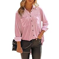 Women Velvet Single-Breasted Casual Shirt Pocket Front Velvet Blouse Button Shirt Fashion Long Sleeve Velvet Shirt